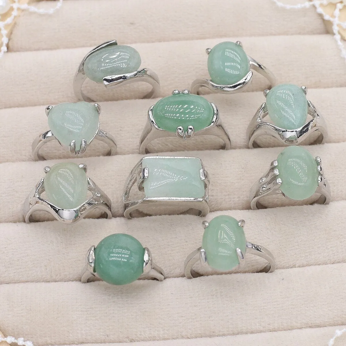 10 Pcs Natural Stone Green Aventurine Stone Random Size Ring