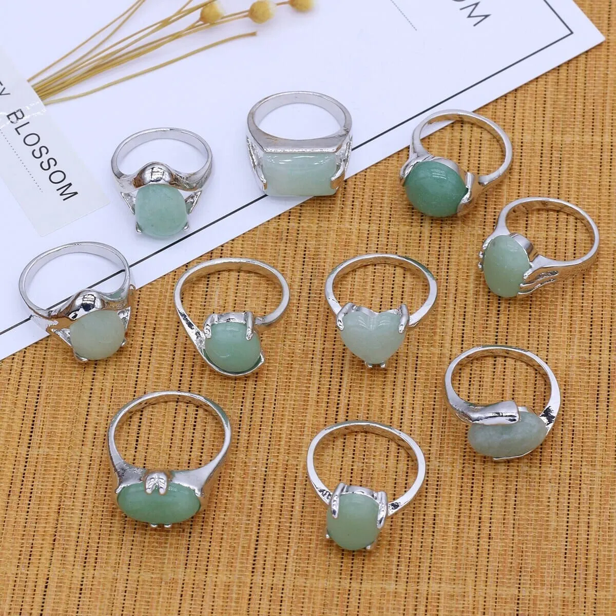 10 Pcs Natural Stone Green Aventurine Stone Random Size Ring