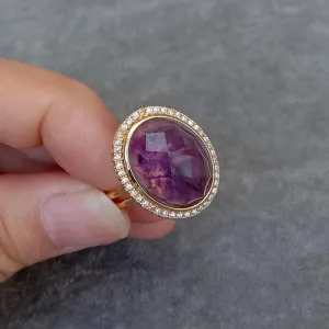 14x18mm Oval Purple Amethyst Rhinestone Pave Adjustable Ring