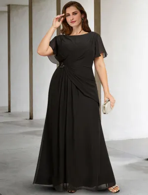 A-Line Plus Size Curve Mother of the Bride Dresses Elegant Dress Formal Floor Length Sleeveless Jewel Neck Chiffon with Ruched Crystals Fall