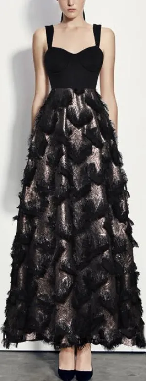 'Abilene' Fringed Star-Print Black Bustier Gown