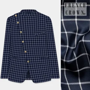 Admiral Blue and White Windowpane Wool Rich Cross Placket Bandhgala Blazer