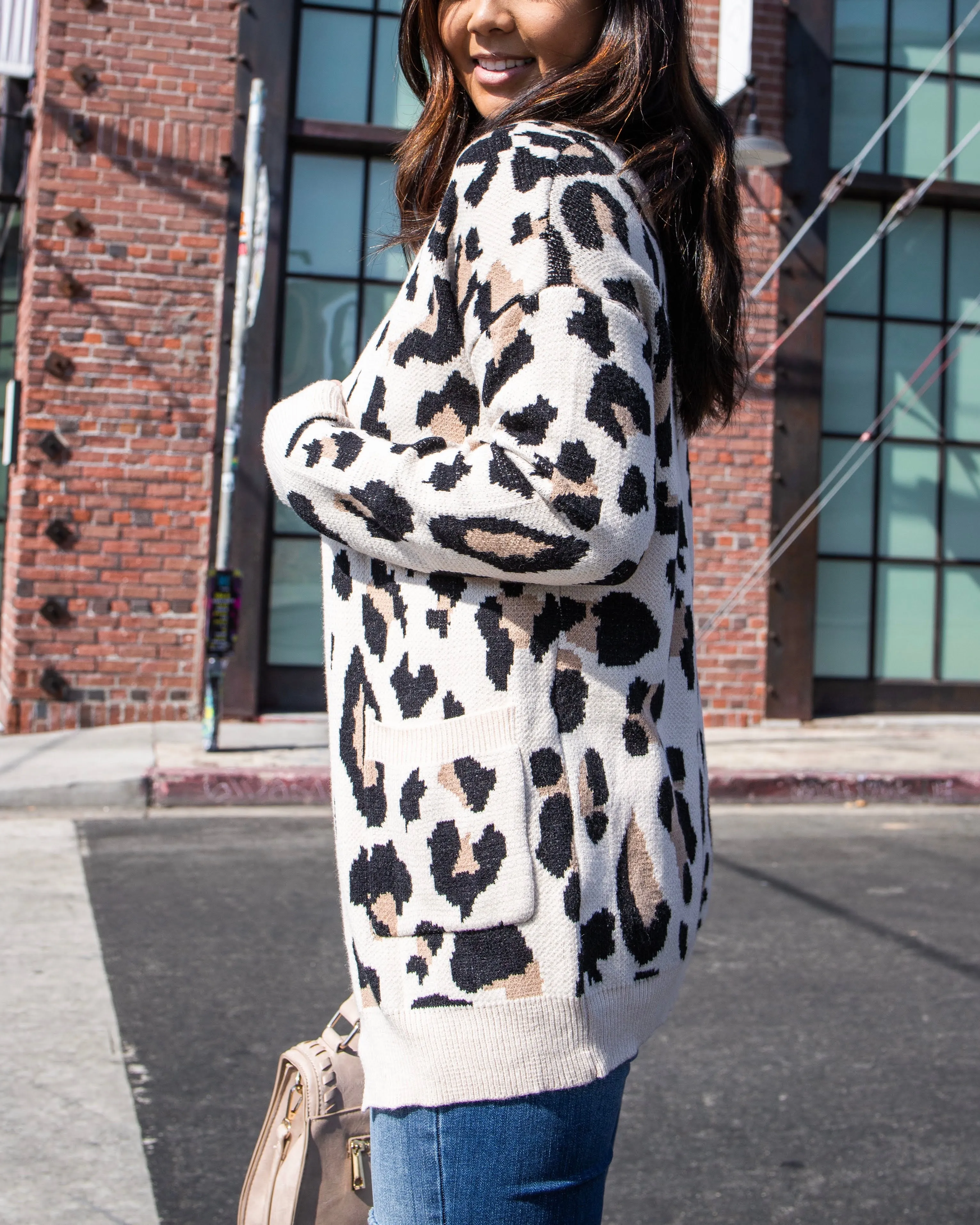 Animal Print Front Pocketed Open Front Knit Cardigan in Taupe