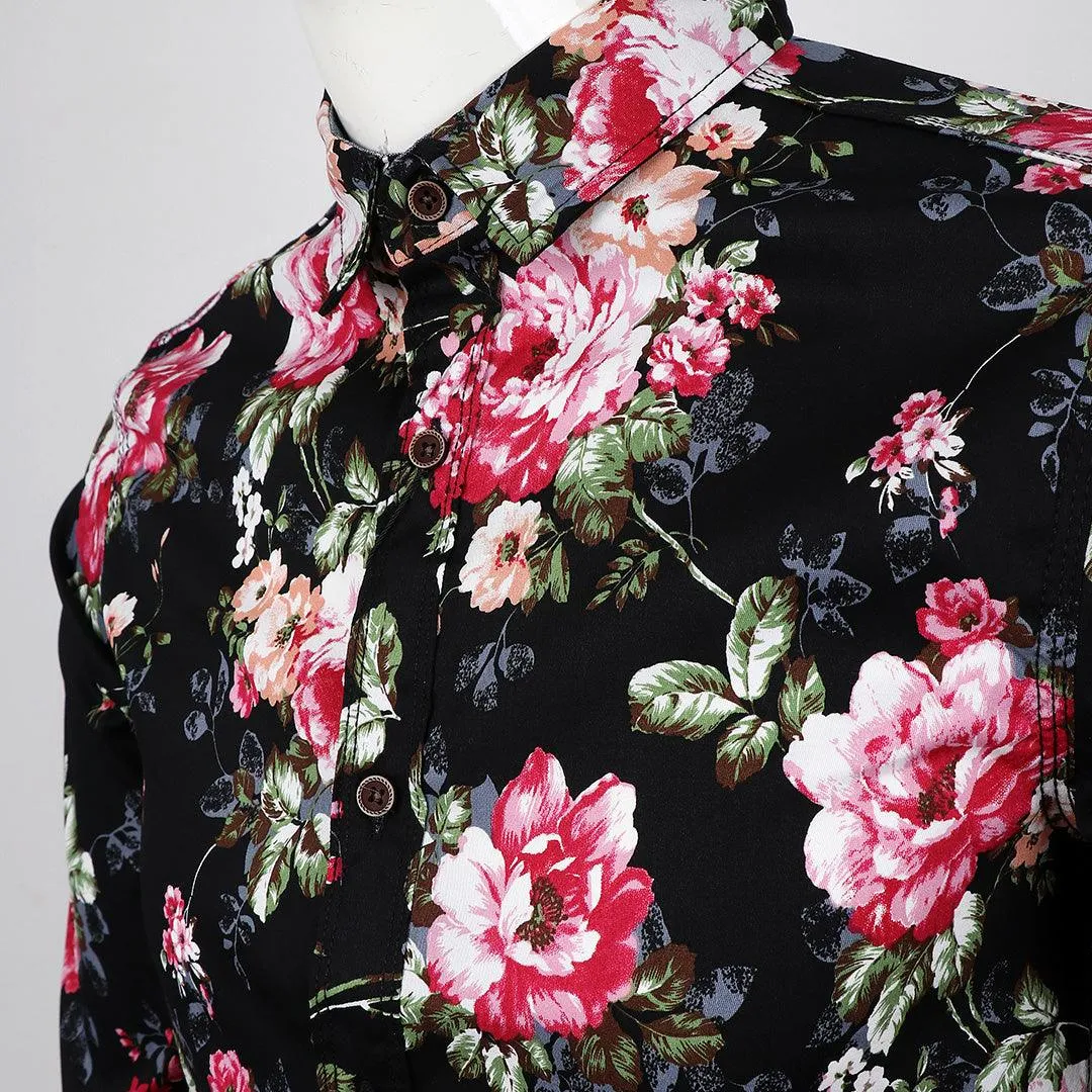 Badgley Quality Closet Trendy Floral Designed Long Sleeve Shirt- Black