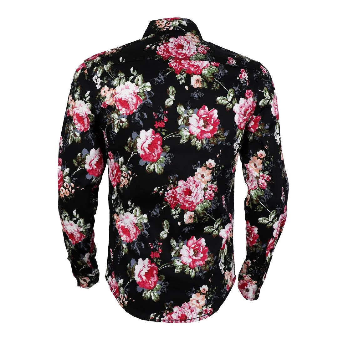 Badgley Quality Closet Trendy Floral Designed Long Sleeve Shirt- Black