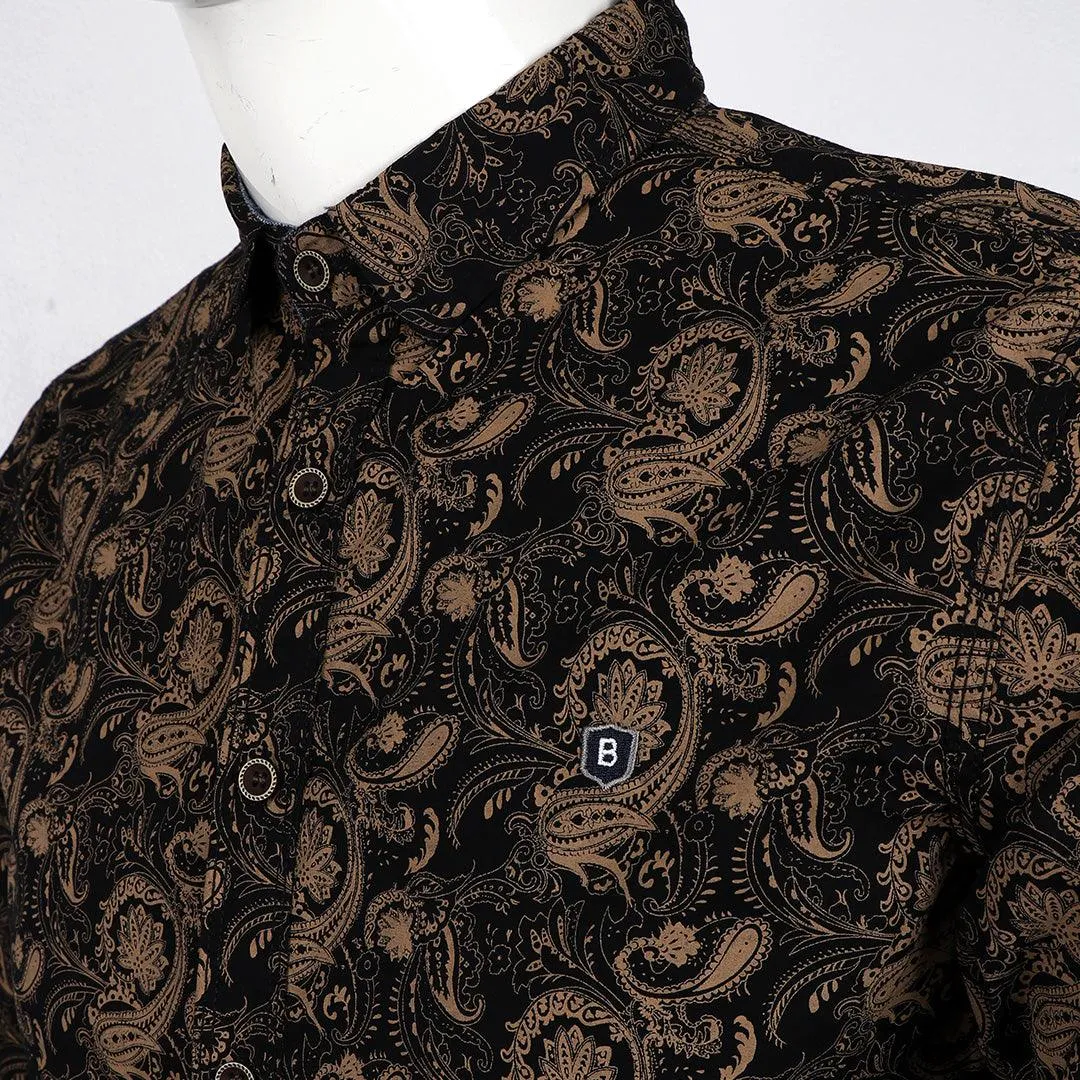 Badgley Vintage Floral Dark brown Velvet Long Sleeve Button Down Shirt