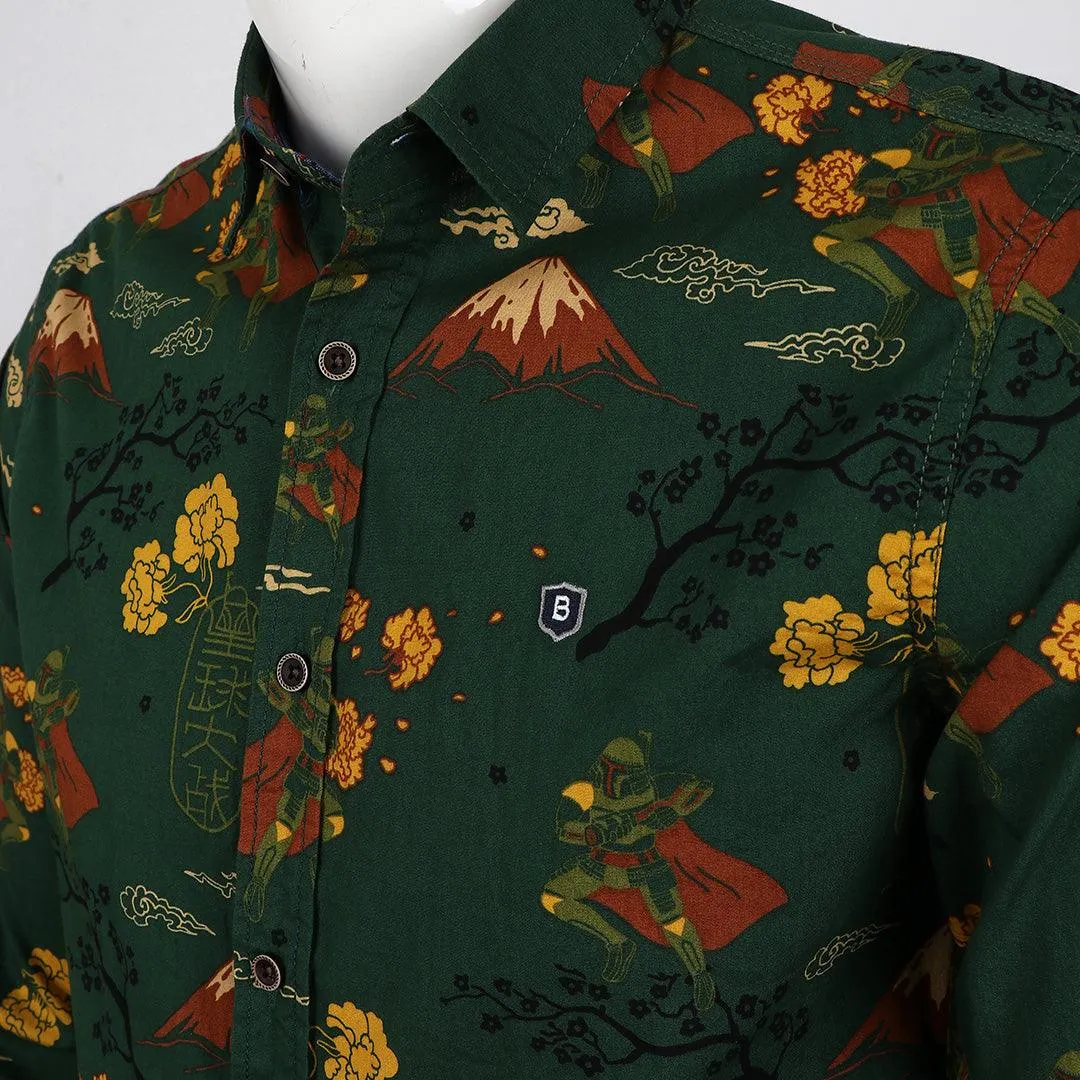 Bajieli Man's Vintage Floral Printed Shirts Green Yellow Long Sleeve