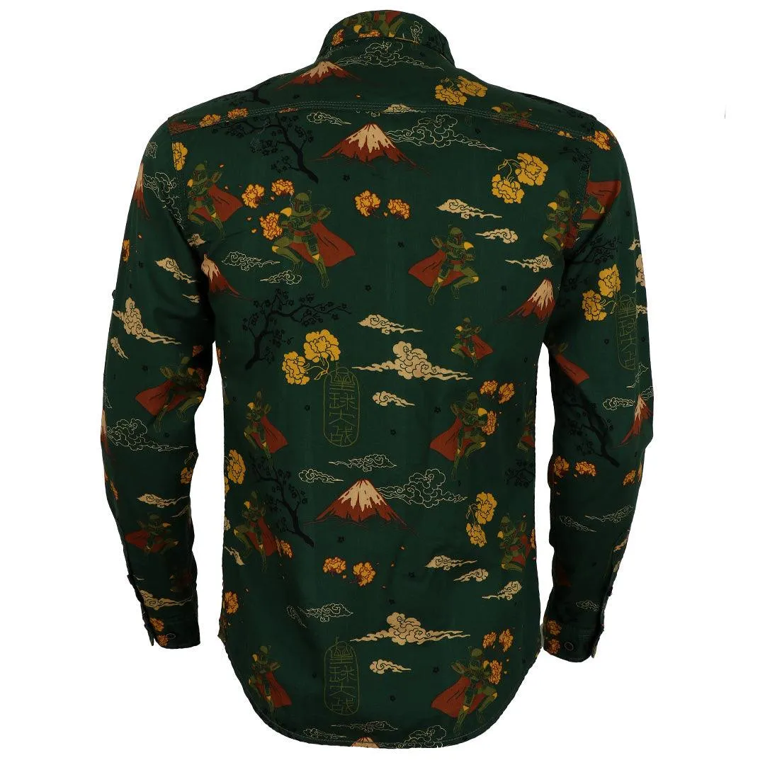 Bajieli Man's Vintage Floral Printed Shirts Green Yellow Long Sleeve