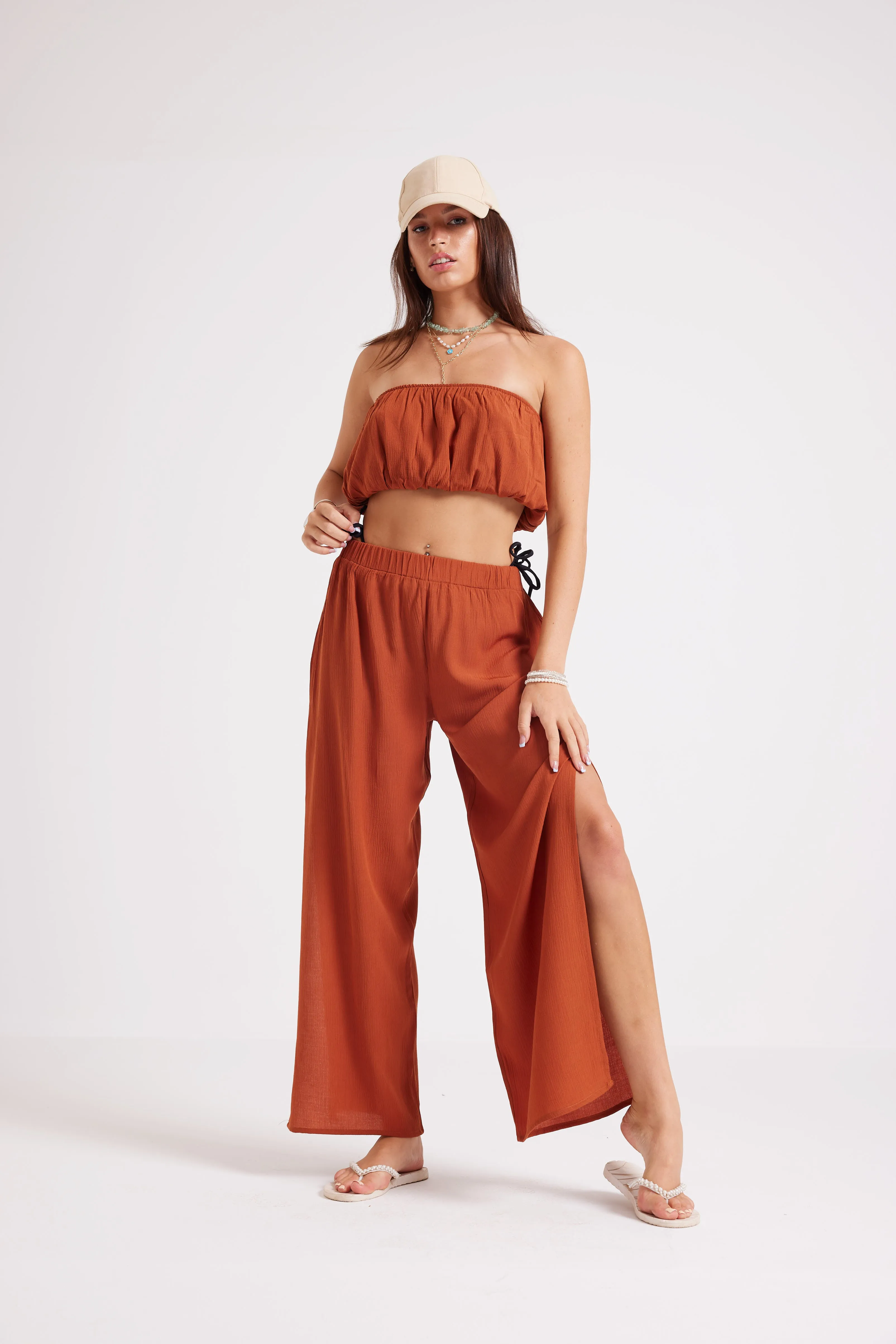 Brown Beachside Slit Skirt Set