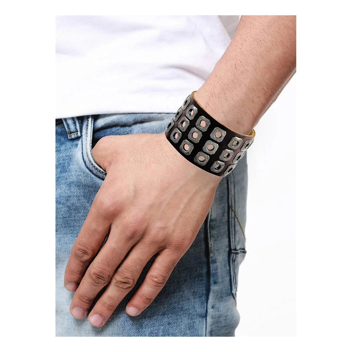 Biker Punk Funky Handcrafted Black Leather Wrist Band Bracelet Men