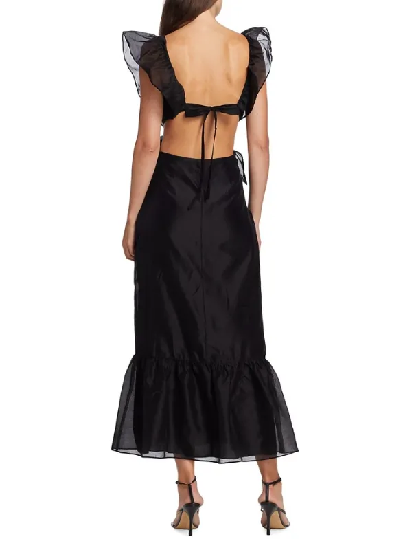 Black Ruffle Straps Backless Elegant Party Dress, DP2303