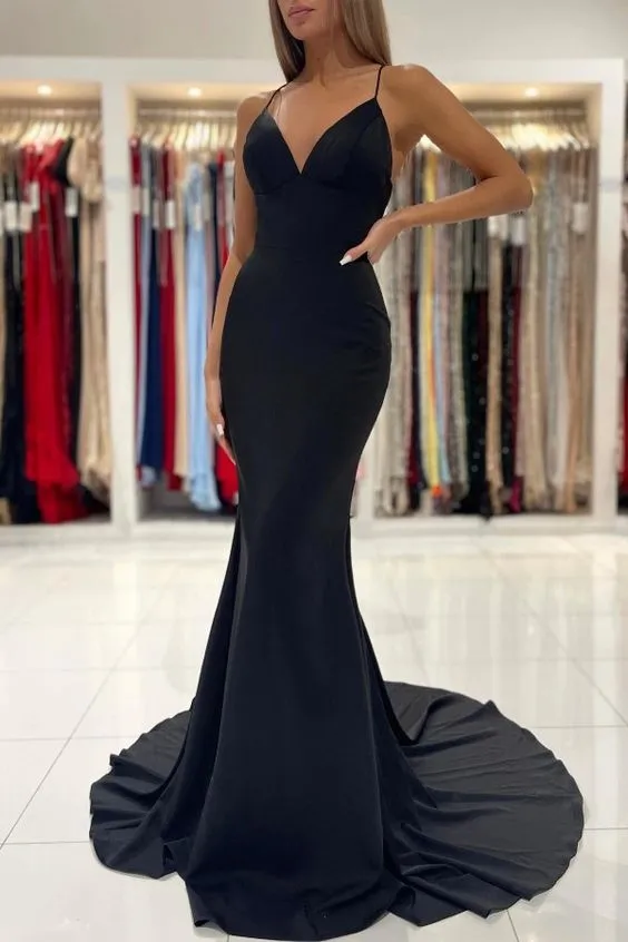 Black V-Neck Spaghetti-Straps Prom Dress Mermaid Sleeveless,DS5029