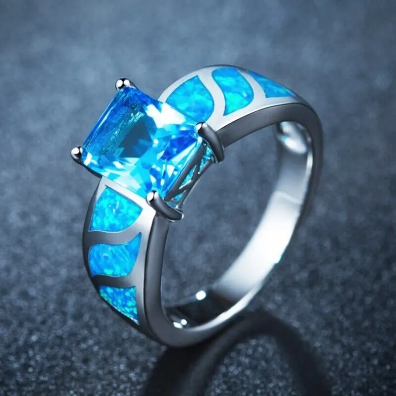 Blue Fire Opal Rectangle Ring