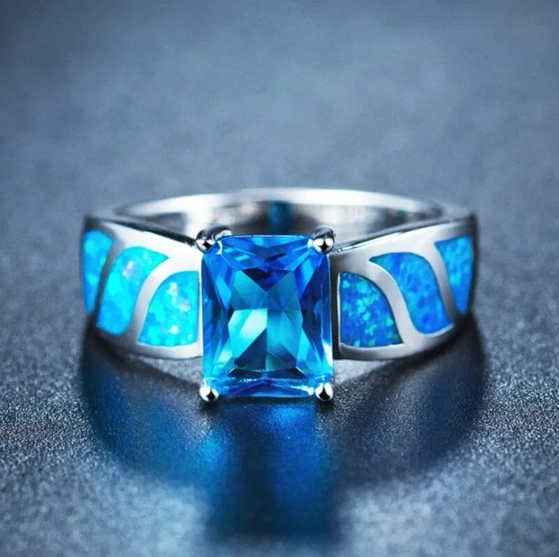 Blue Fire Opal Rectangle Ring