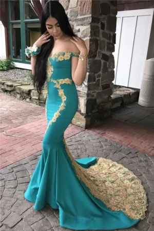 Blue Off-The-Shoulder Mermaid African Prom Dress with Gold Appliques,DP938