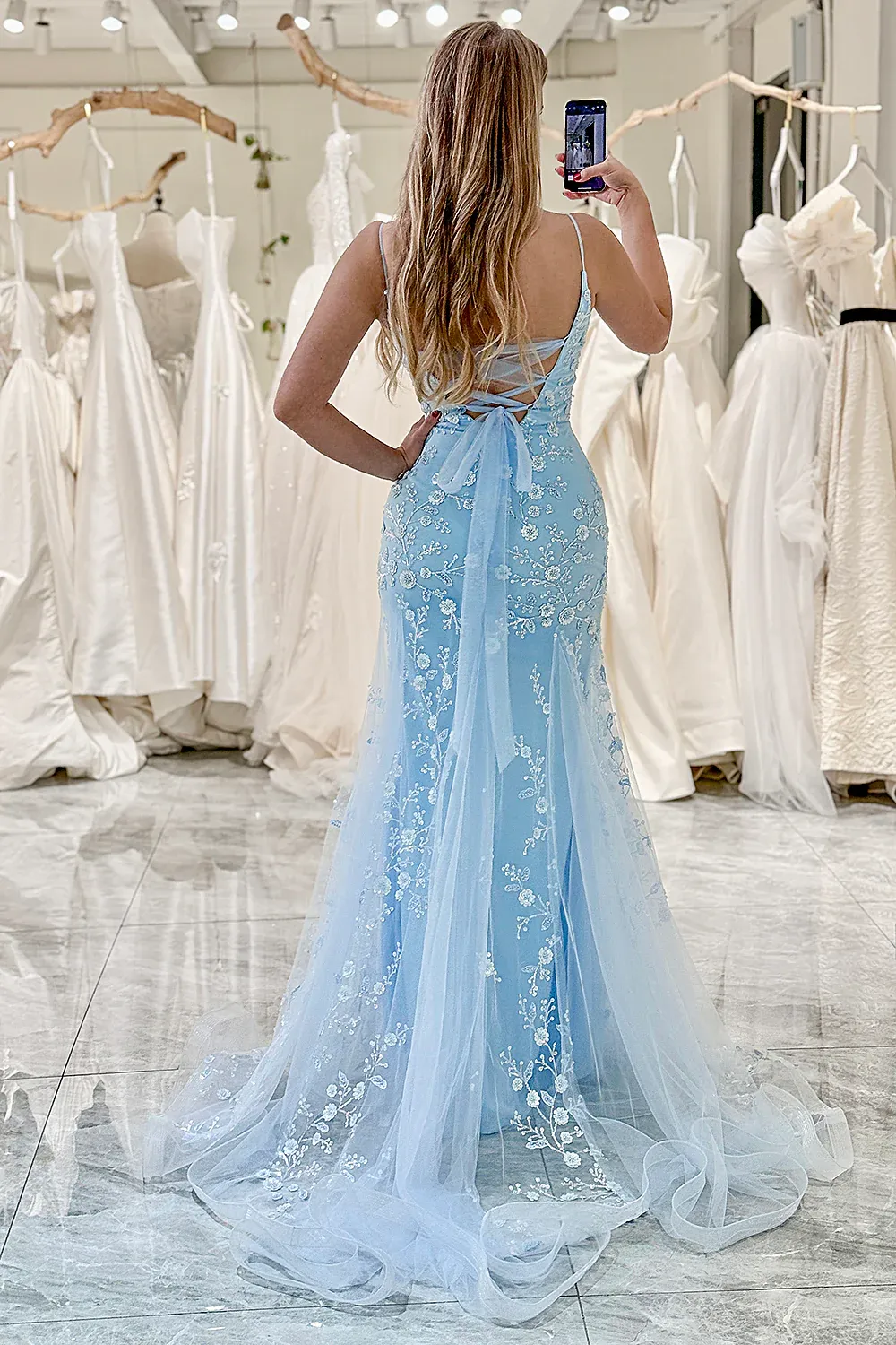 Blue Spaghetti Straps Tulle Mermaid Long Prom Dress with Appliques,DP1870