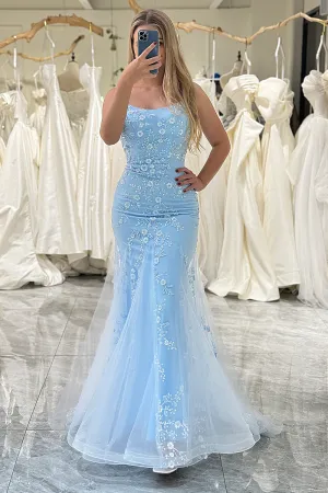 Blue Spaghetti Straps Tulle Mermaid Long Prom Dress with Appliques,DP1870