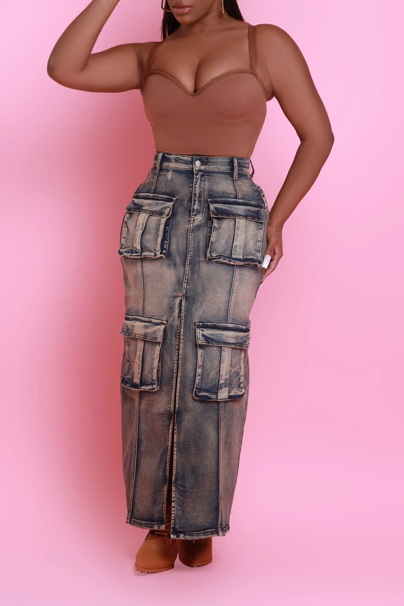 Bring It Back Denim Cargo Skirt - Vintage Blue