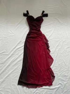 Burgundy Vintage Long Off-Shoulder Prom Dress with Ruffled Details - Style DP2493