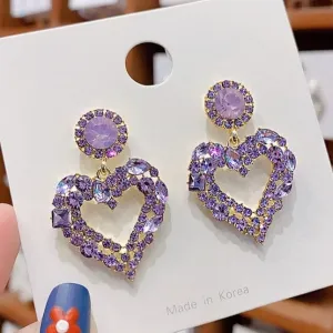 Cute Crystal Purple Love Heart Dangle Earrings