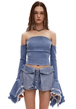 Denim Geometric Bell Sleeve Top