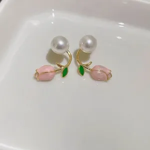 Elegant Fine Pearl Trend Summer Fresh Pink Flowers Stud Earrings