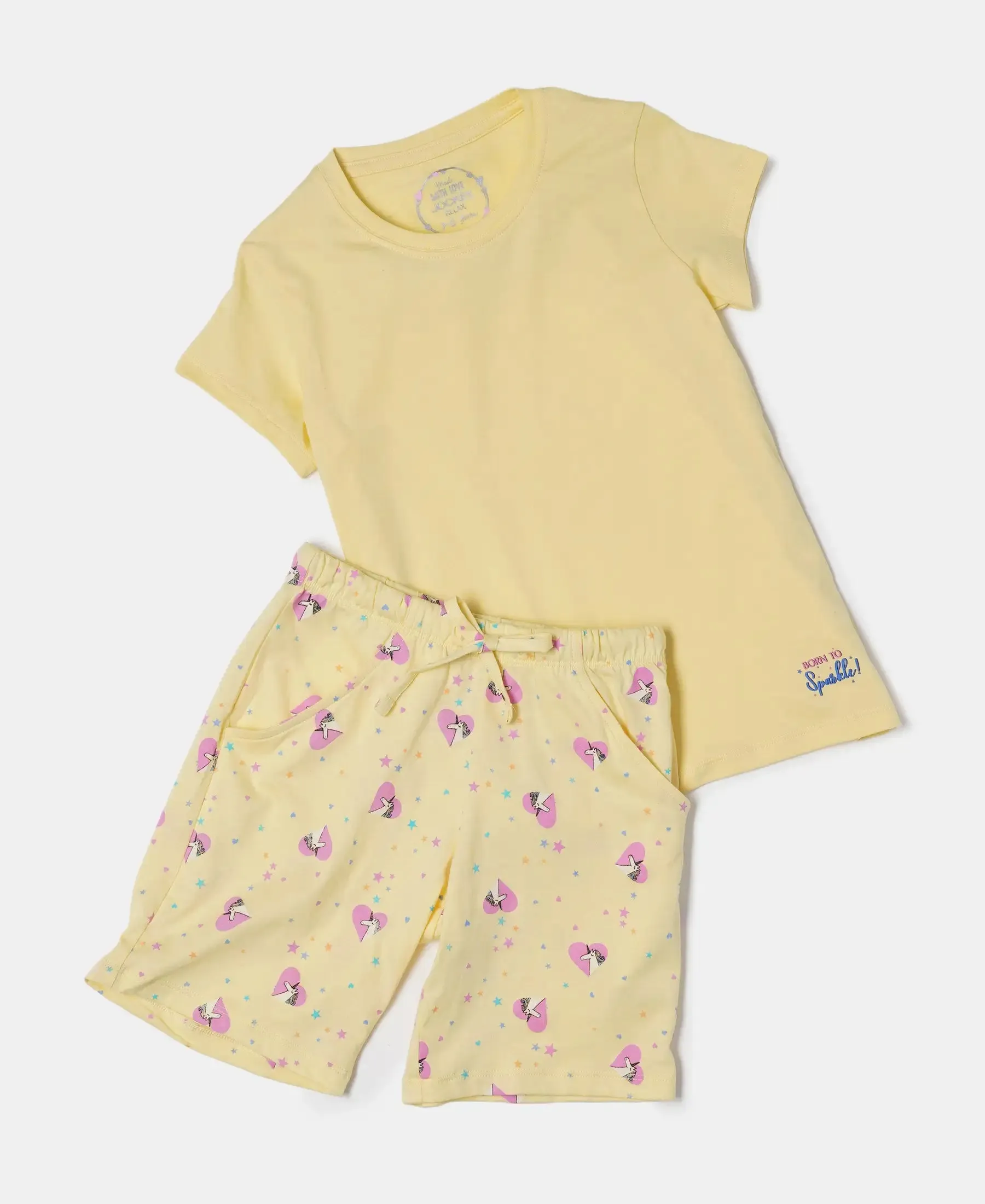 Girl's Super Combed Cotton Short Sleeve T-Shirt and Printed Shorts Set - Pale Banana