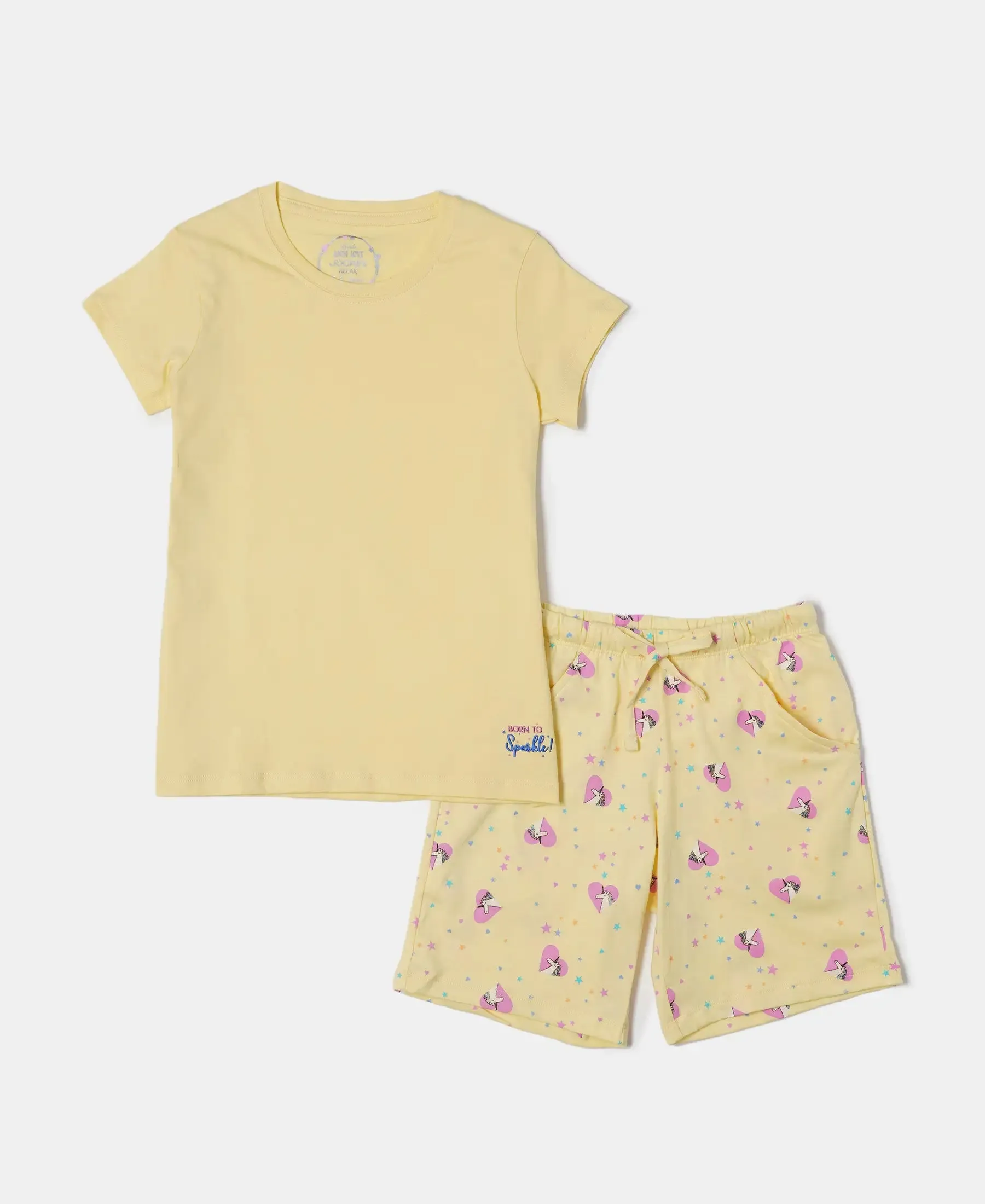 Girl's Super Combed Cotton Short Sleeve T-Shirt and Printed Shorts Set - Pale Banana