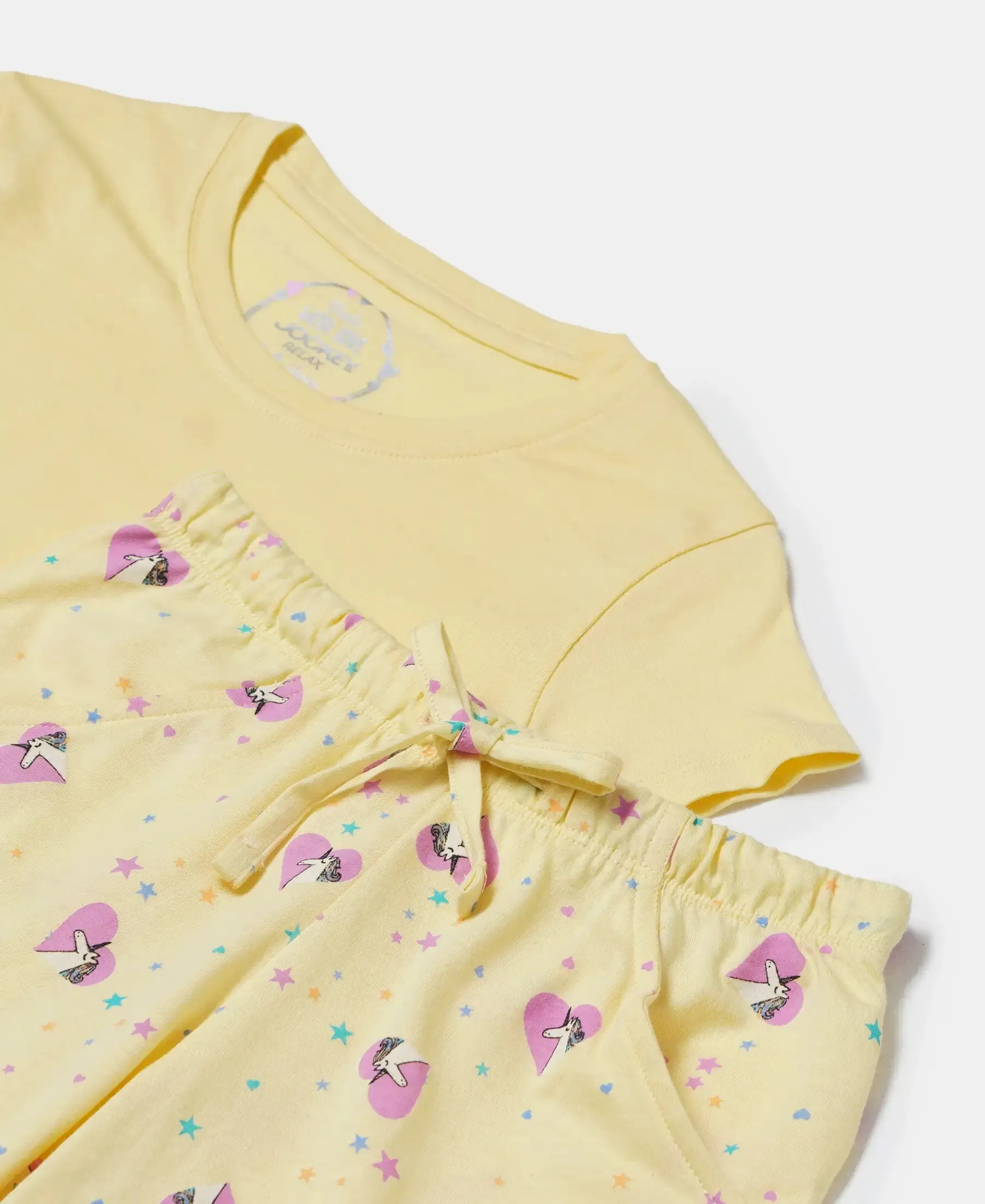 Girl's Super Combed Cotton Short Sleeve T-Shirt and Printed Shorts Set - Pale Banana