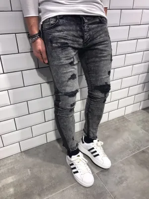 Gray Striped Damaged Slim Fit Jeans B11 Streetwear Jeans