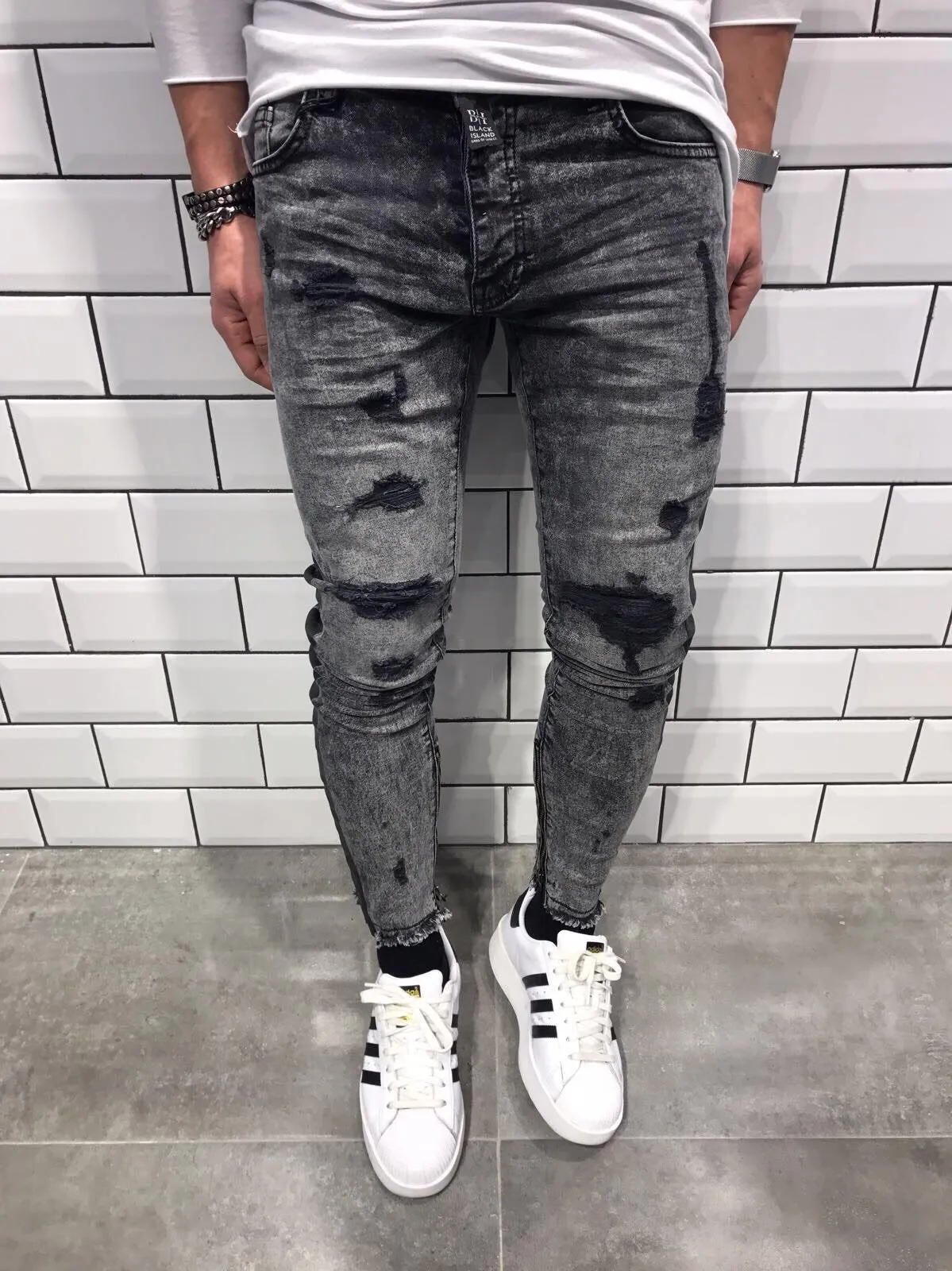 Gray Striped Damaged Slim Fit Jeans B11 Streetwear Jeans