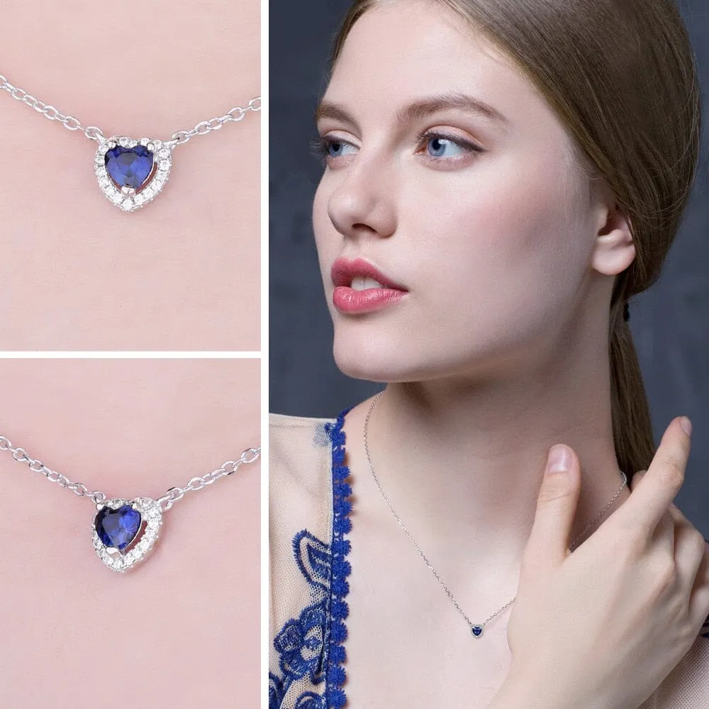 Heart Created Blue Sapphire Necklace - 925 Sterling Silver