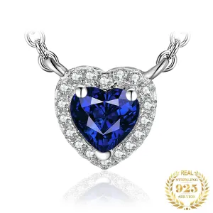 Heart Created Blue Sapphire Necklace - 925 Sterling Silver