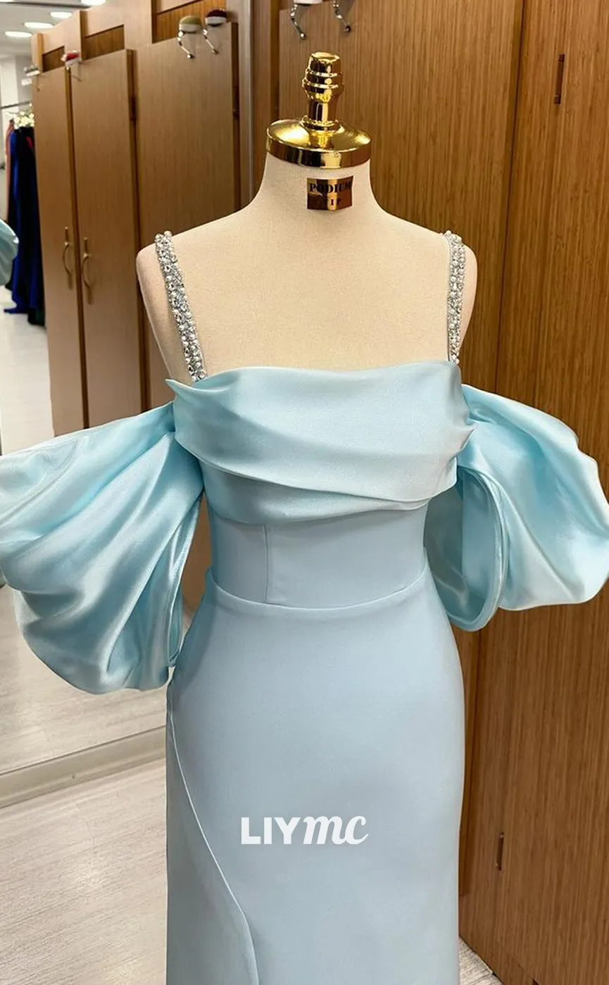 LP1342 - Elegant & Glamorous Sheath Off-Shoulder Baby Blue Stain Ruched Crystal Straps Floor-Length Prom Party Dress