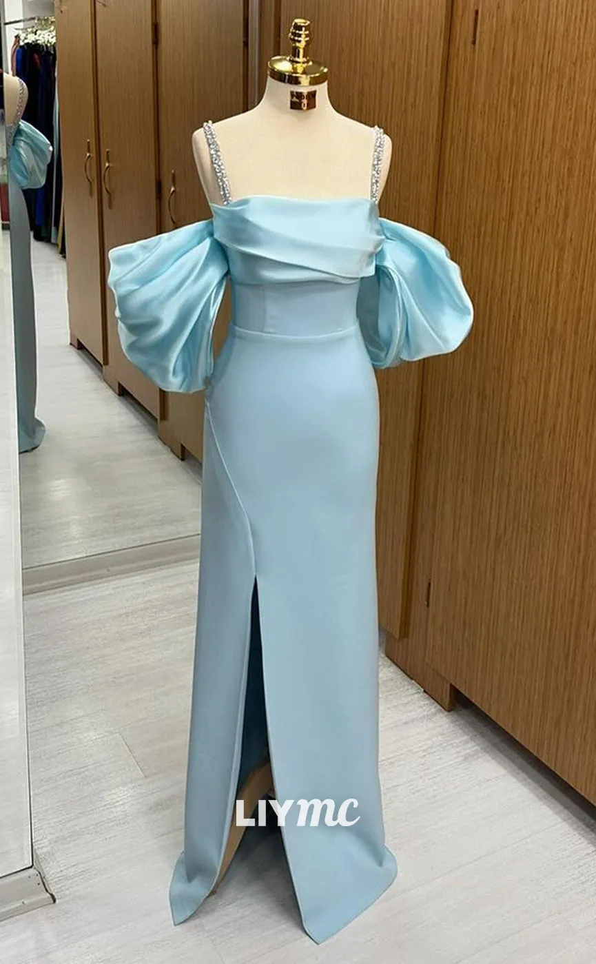 LP1342 - Elegant & Glamorous Sheath Off-Shoulder Baby Blue Stain Ruched Crystal Straps Floor-Length Prom Party Dress