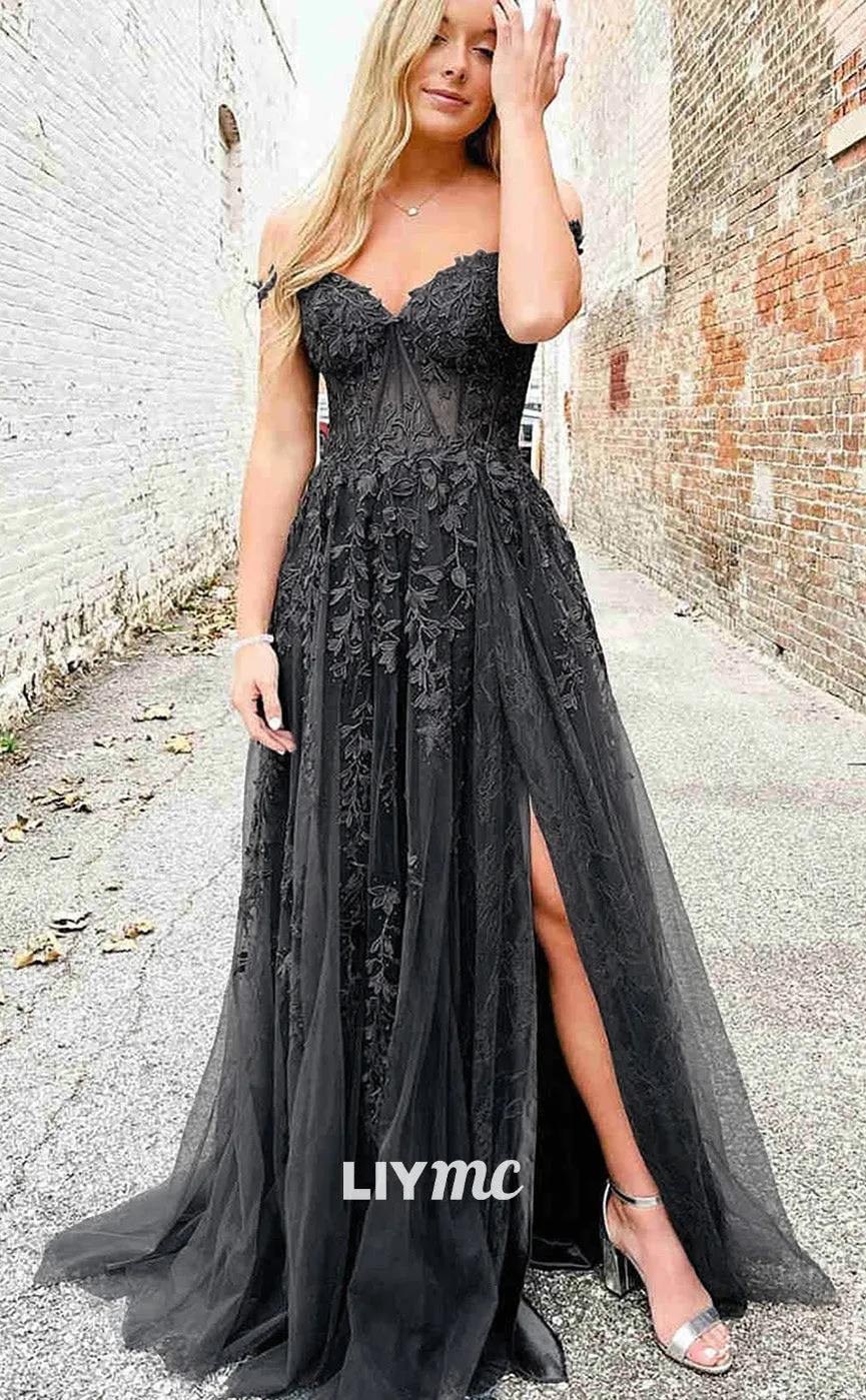 LP1867 - A-line V Neck Spaghetti Straps LongFloor-Length Lace Prom Dress With Split