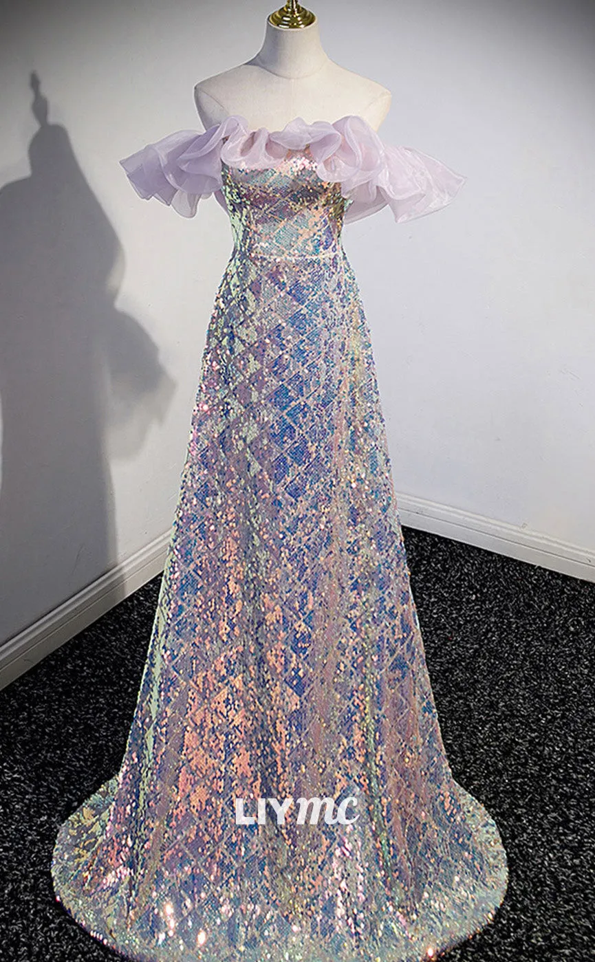 LP1886 - Unique Off Shoulder Sequin Long Prom Dress, Sequin Evening Dress