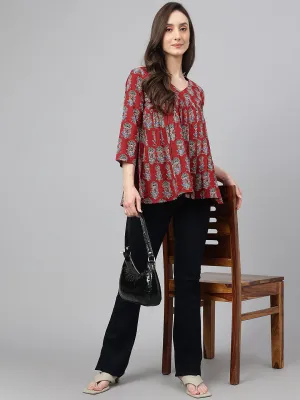 Maroon Cotton Floral Block Print Flared Top