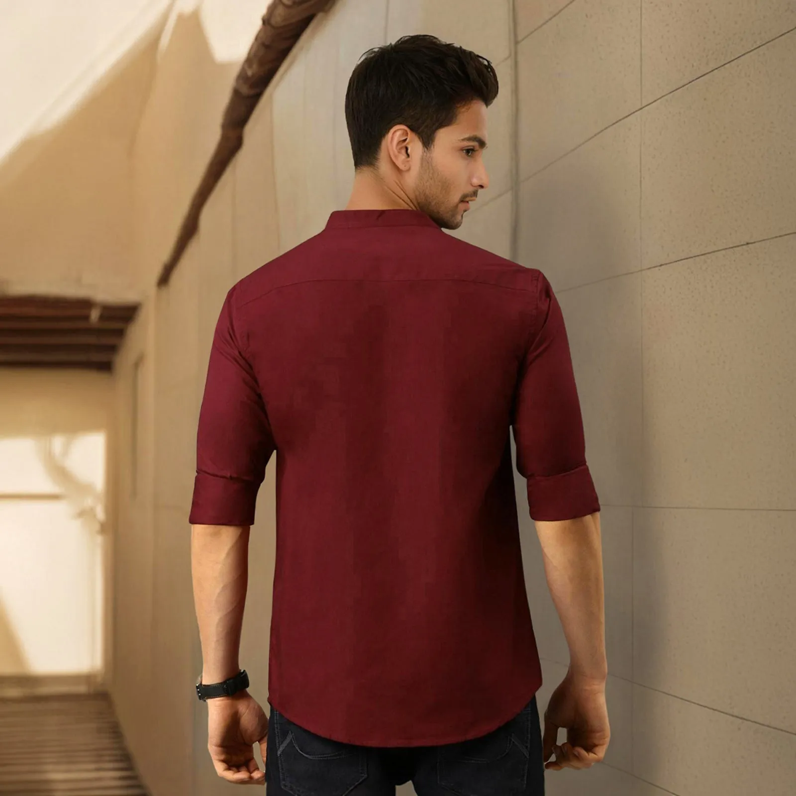 Maroon Mandarin Collar Solid Linen Cotton Shirt for Men