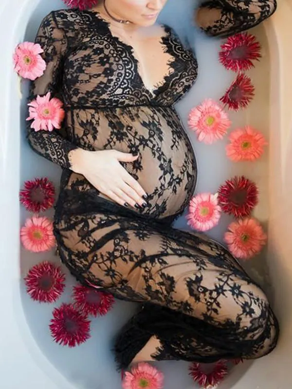 Momnfancy Sheer Lace V-neck Long Sleeve Pregnancy Photography Gown Maternity Milk Bath Photoshoot Dress