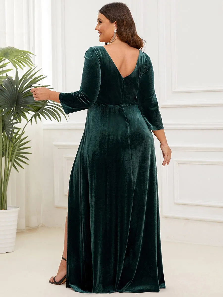 Plus Size Velvet Plunging V-Neck Front Slit 3/4 Sleeve Evening Dress