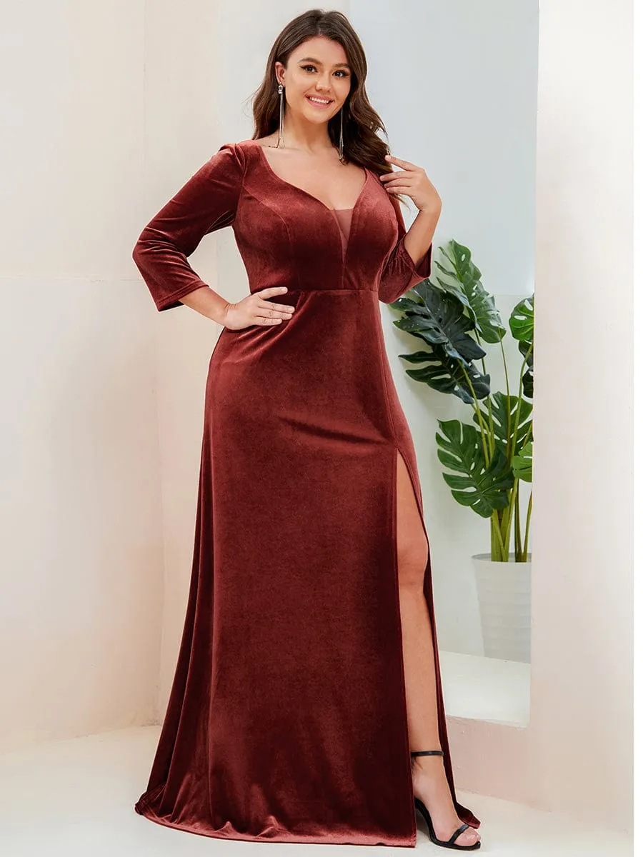 Plus Size Velvet Plunging V-Neck Front Slit 3/4 Sleeve Evening Dress