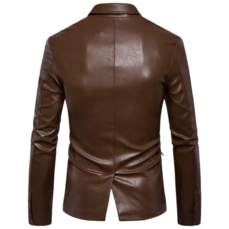 The Constantine Slim Fit Faux Leather Blazer Suit Jacket - Coffee