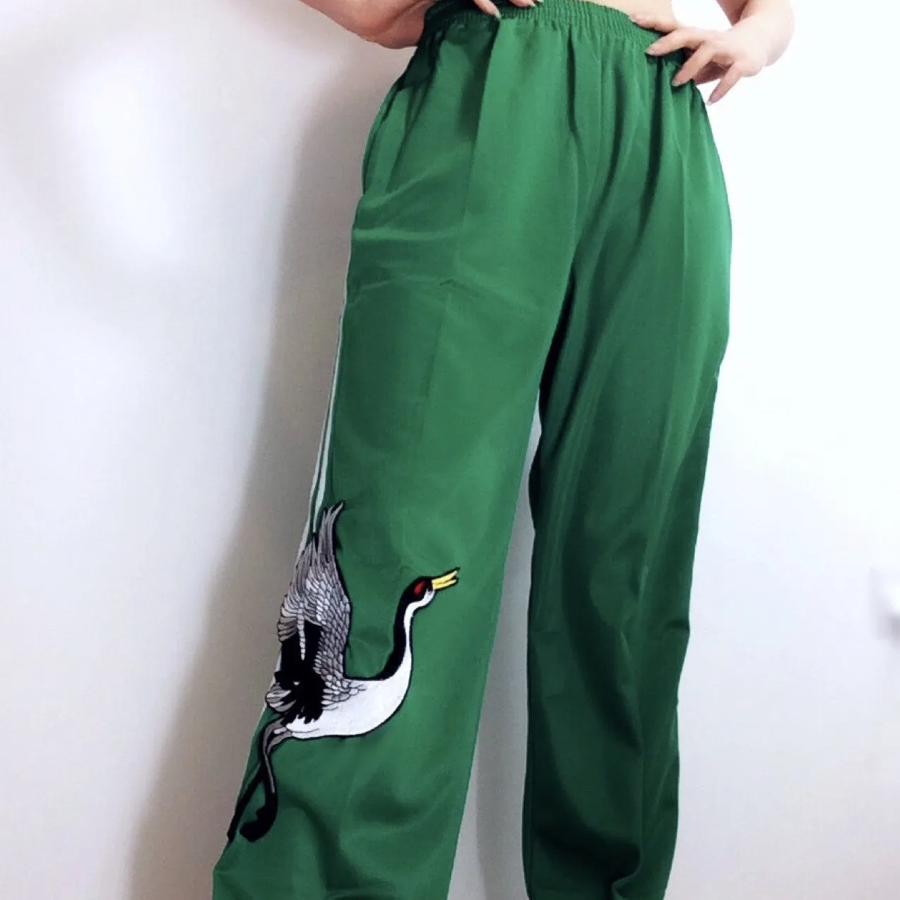 UNISEX BIRD EMBROIDERY GREEN 3-STRIPE TRACKSUIT TROUSERS