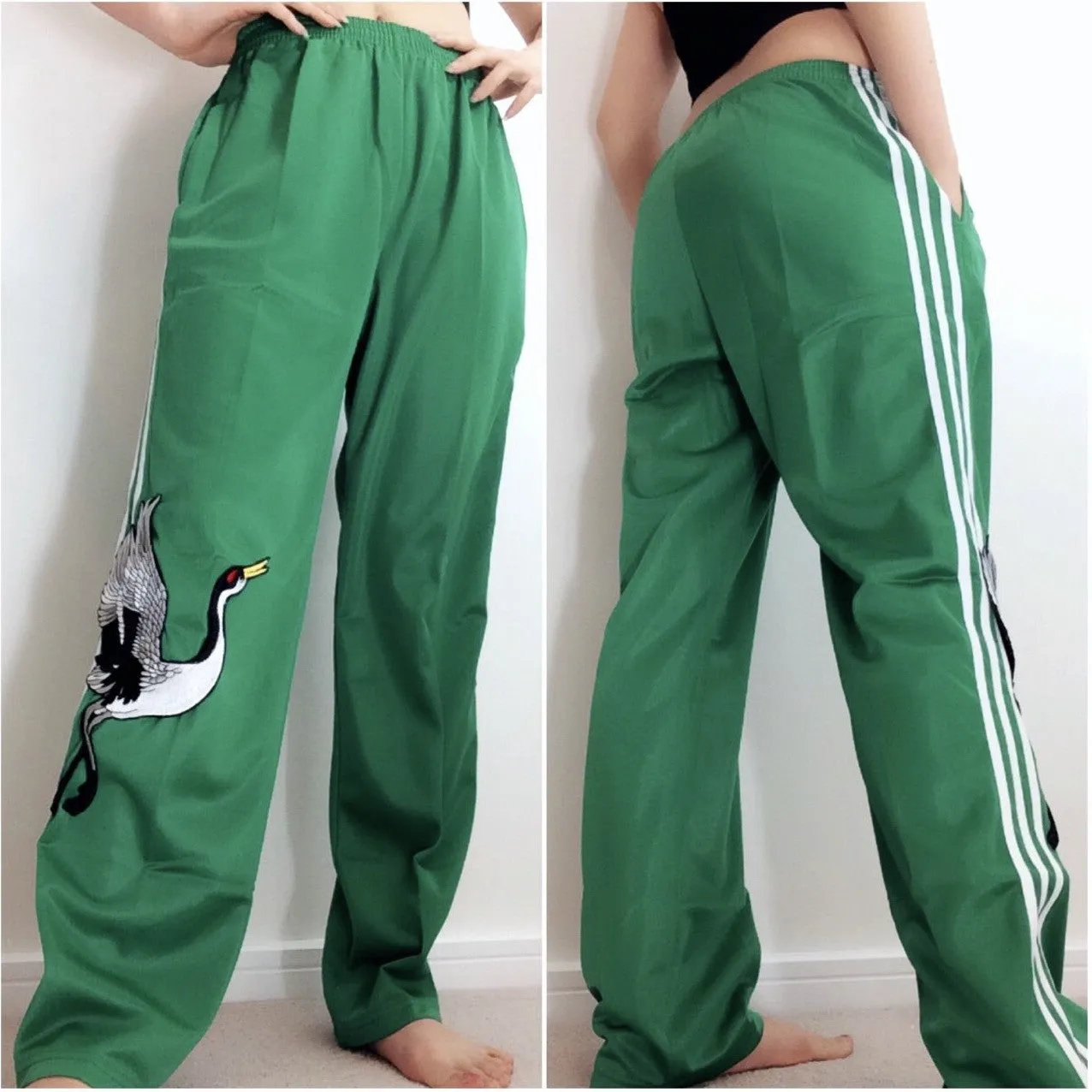 UNISEX BIRD EMBROIDERY GREEN 3-STRIPE TRACKSUIT TROUSERS