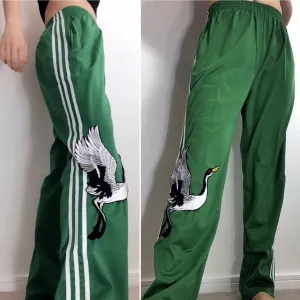 UNISEX BIRD EMBROIDERY GREEN 3-STRIPE TRACKSUIT TROUSERS