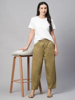 Women's Khaki Cotton Elastane Loose Fit Pant