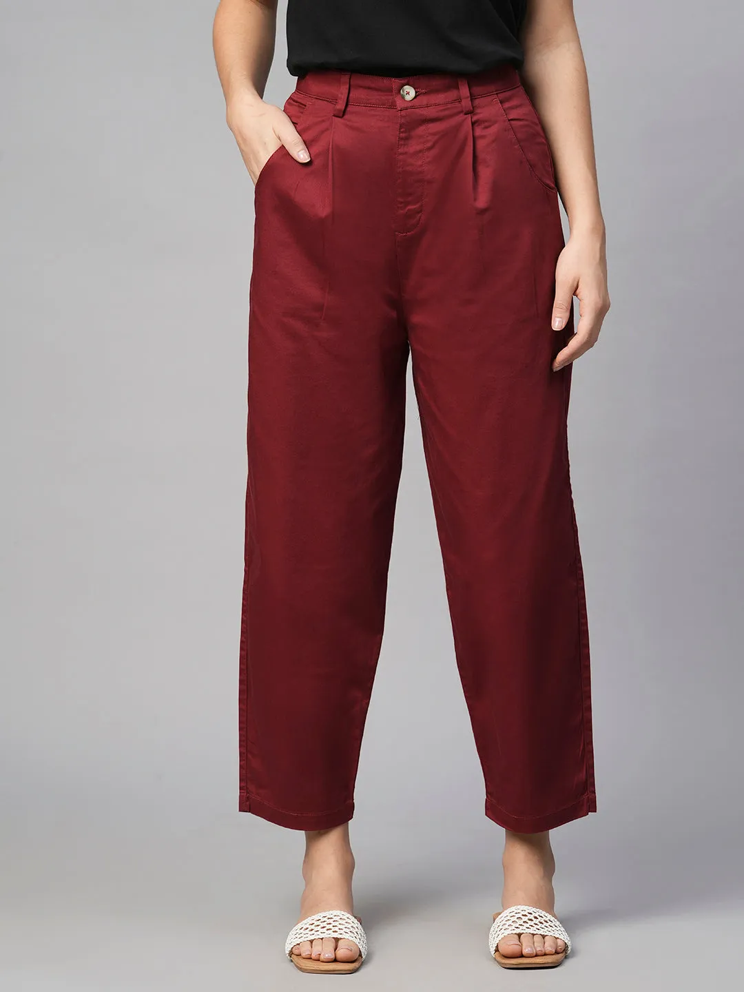 Women's Maroon/Red Cotton Elastane Loose Fit Pant