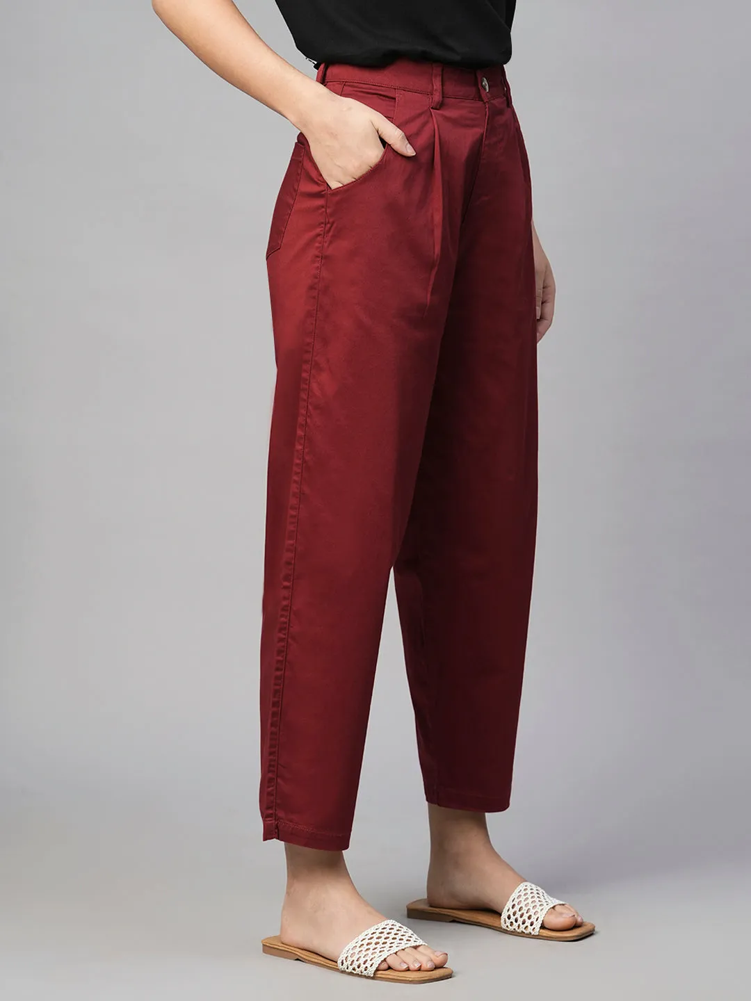 Women's Maroon/Red Cotton Elastane Loose Fit Pant