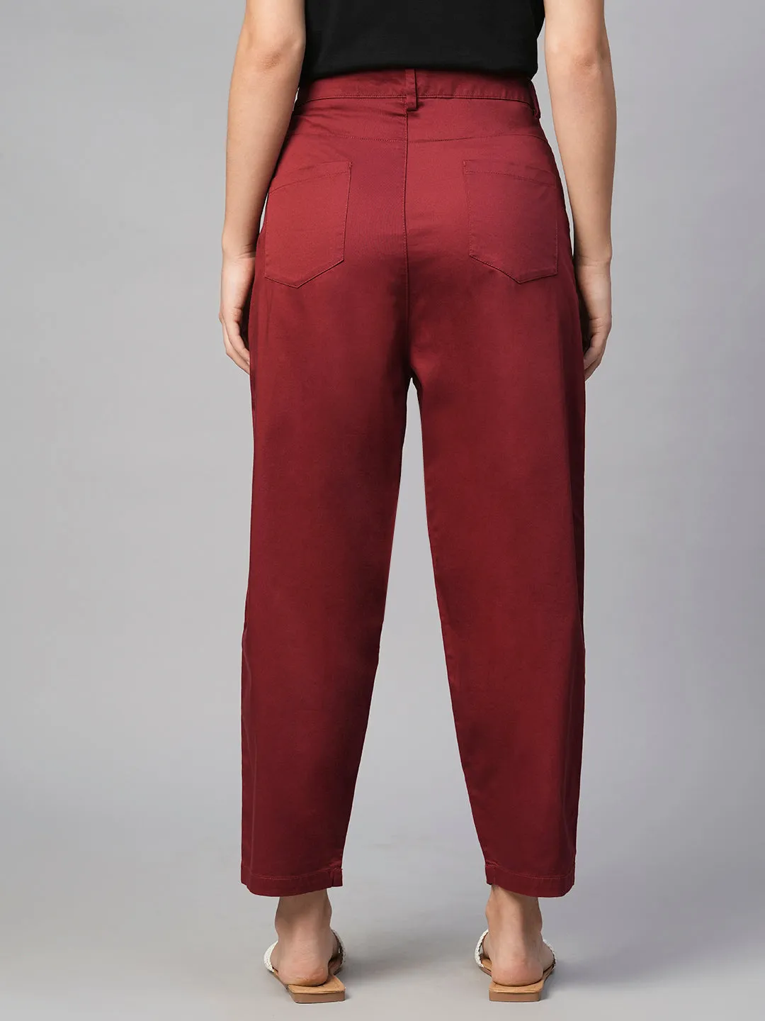 Women's Maroon/Red Cotton Elastane Loose Fit Pant